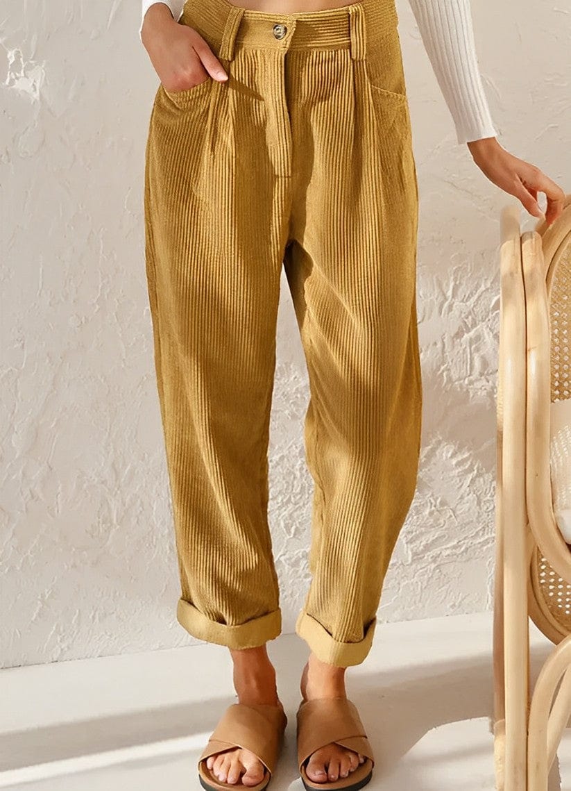 Pantalon velours côtelé femme droit taille haute avec poches et effet côtelé visible