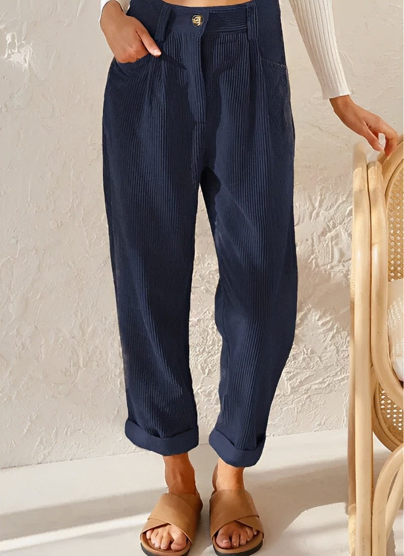 Pantalon velours côtelé femme droit taille haute avec poches et effet côtelé visible