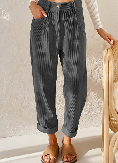 Pantalon velours côtelé femme droit taille haute avec poches et effet côtelé visible