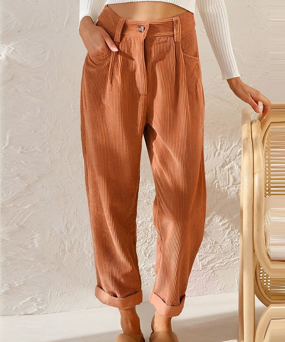 Pantalon velours côtelé femme droit taille haute avec poches et effet côtelé visible