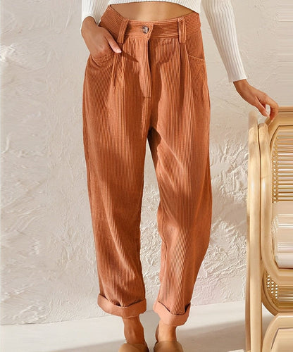 Pantalon velours côtelé femme droit taille haute avec poches et effet côtelé visible