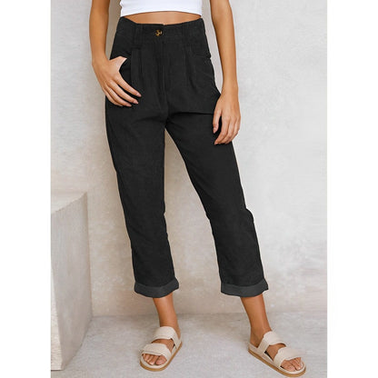 Pantalon velours côtelé femme droit taille haute avec poches et effet côtelé visible