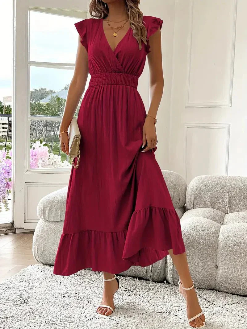 Robe de soirée maxi - manches volantées - décolleté V - taille froncée