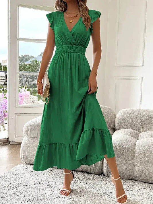 Robe de soirée maxi - manches volantées - décolleté V - taille froncée