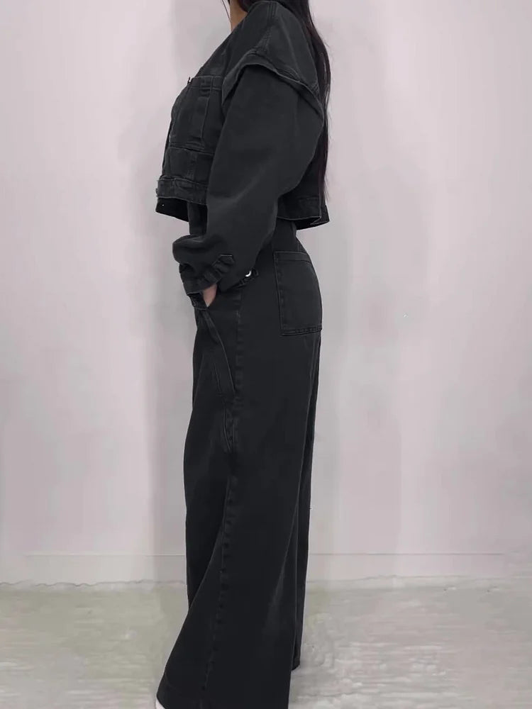 Combinaison en denim | Ensemble avec veste assortie, fermeture éclair