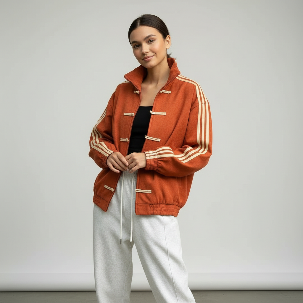 Veste de survêtement femme rétro rayures contrastantes boutons décoratifs coupe relaxed