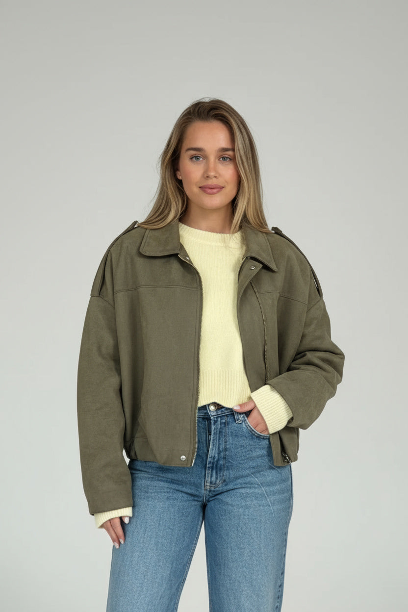 Veste bomber femme suédine col revers manches chauve-souris