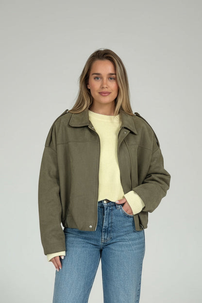 Veste bomber femme suédine col revers manches chauve-souris