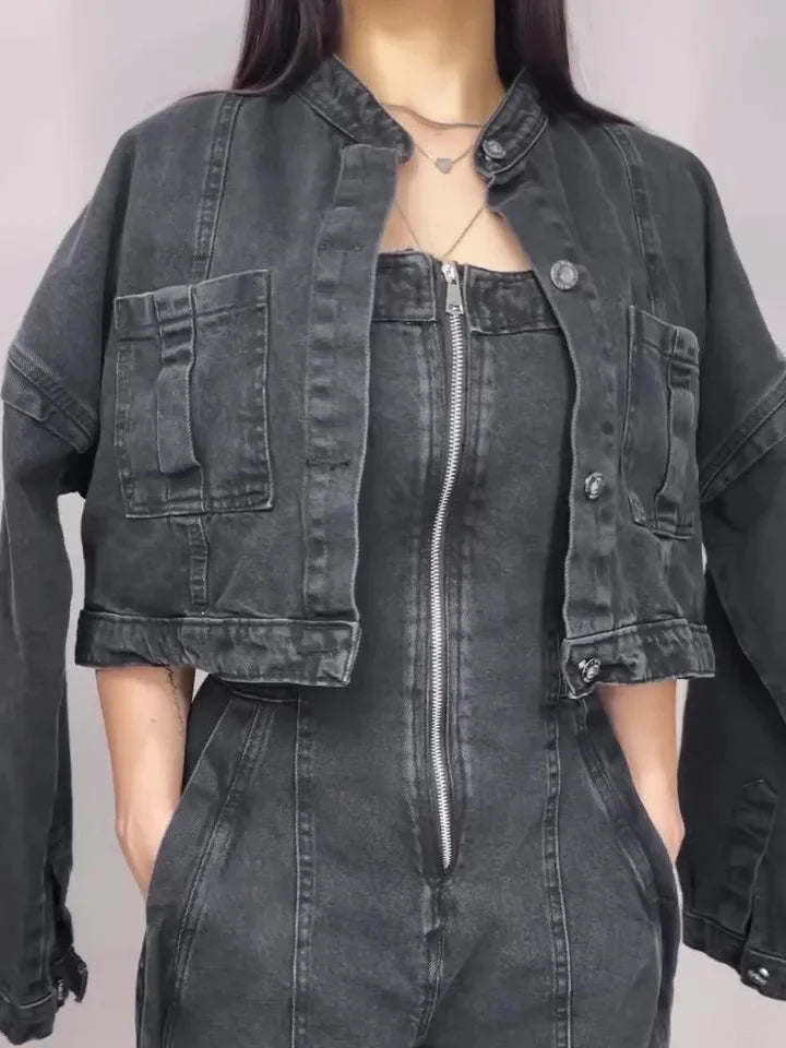 Combinaison en denim | Ensemble avec veste assortie, fermeture éclair