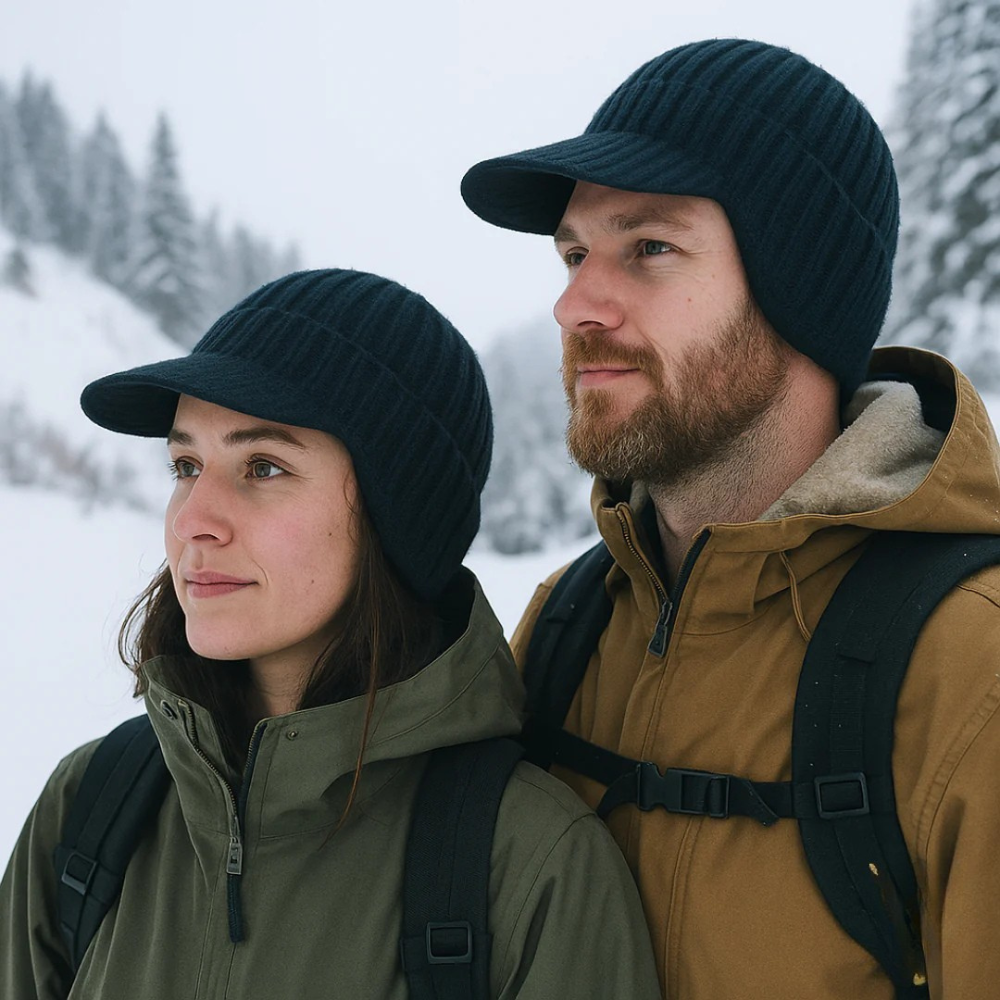 Casquette tricot visière hiver côtelée en beige marron bleu marine gris