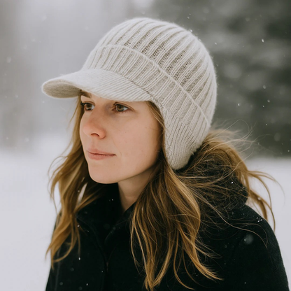 Casquette tricot visière hiver côtelée en beige marron bleu marine gris
