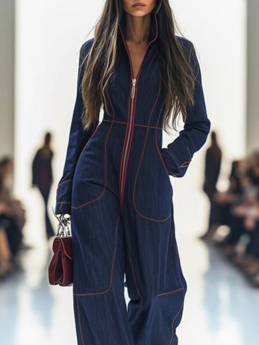 Combinaison en denim | Jambes larges, manches longues, col montant