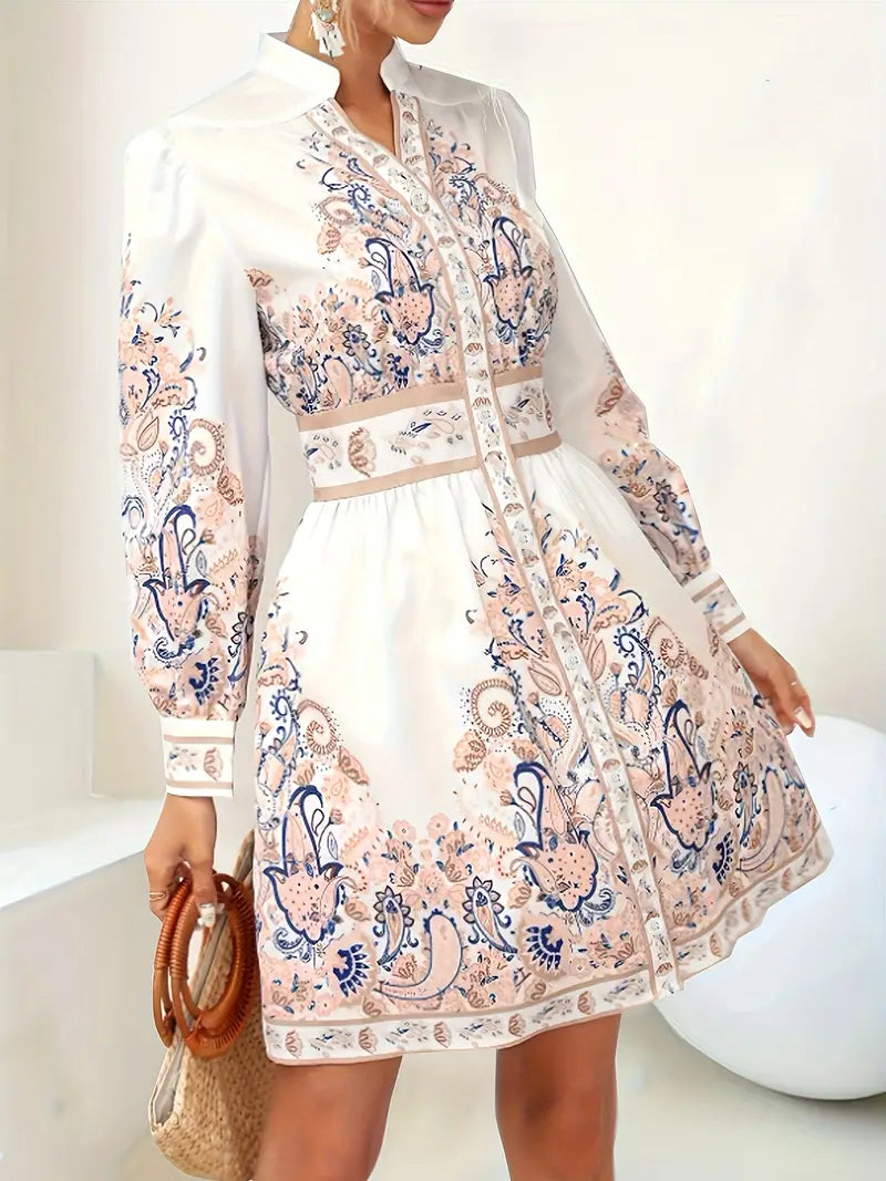 Robe Imprimée Femme | Motif Cachemire, Col V | Manches Longues, Coupe Élégante