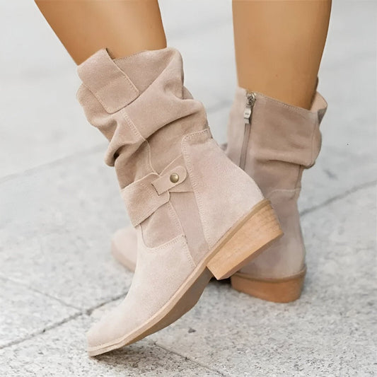 Bottes femme suédine montantes genou slouchy talon bloc fermeture éclair