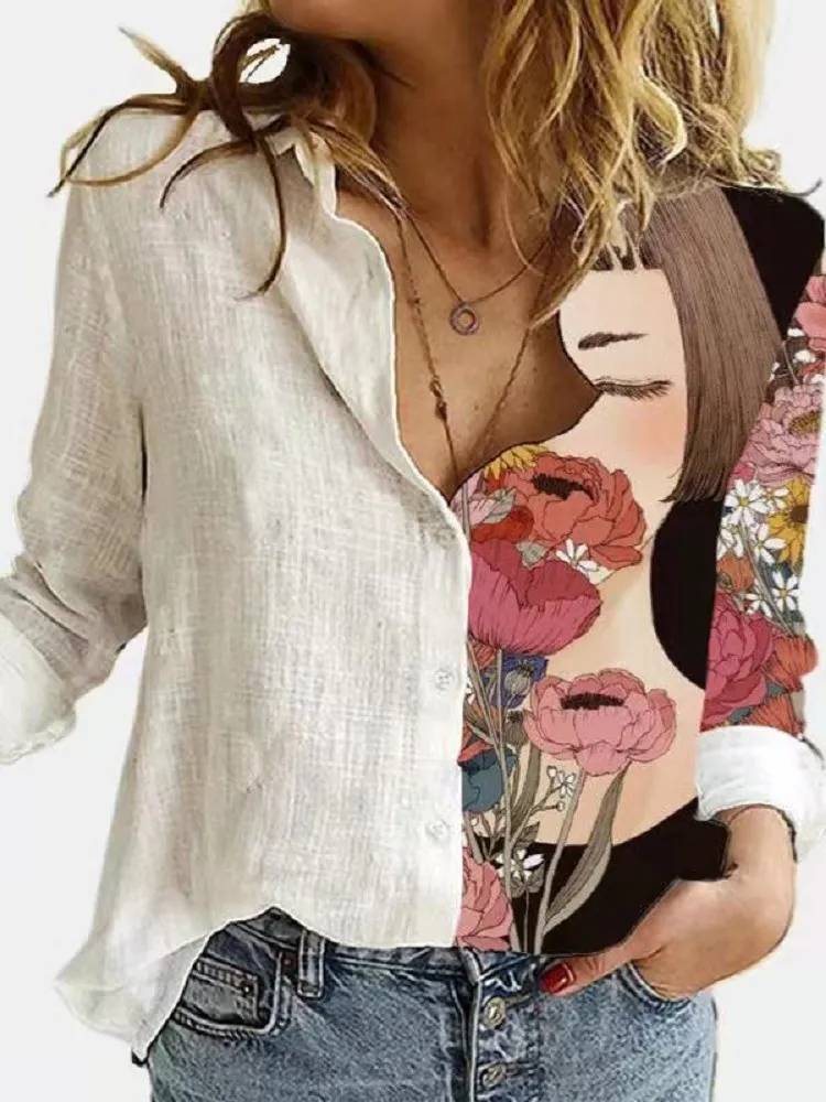 Chemise Femme Lin Imprimé Floral Manches Longues