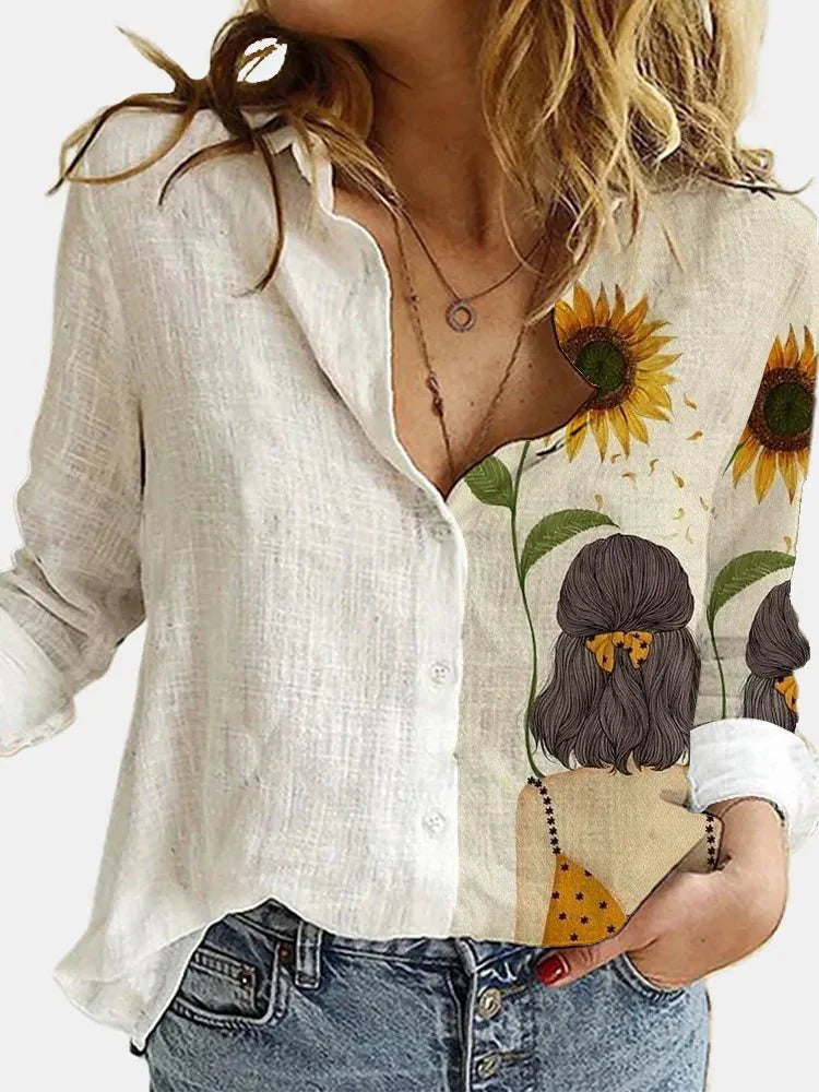Chemise Femme Lin Imprimé Floral Manches Longues