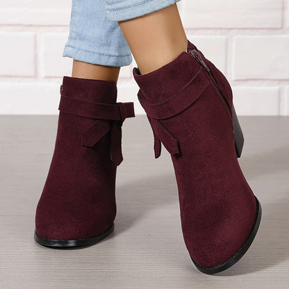 Bottines femme talon bloc bout pointu avec nœud décoratif et zip latéral