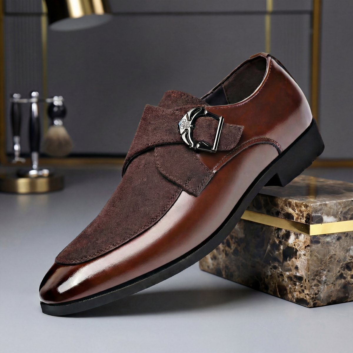 Chaussures habillées homme daim cuir monk strap bout pointu bicolore