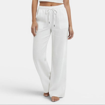 Pantalon femme lin jambe large coupe fluide ceinture élastique