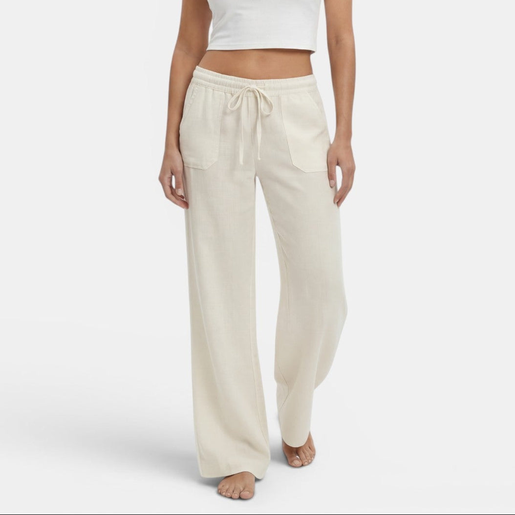 Pantalon femme lin jambe large coupe fluide ceinture élastique