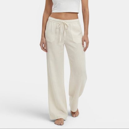 Pantalon femme lin jambe large coupe fluide ceinture élastique