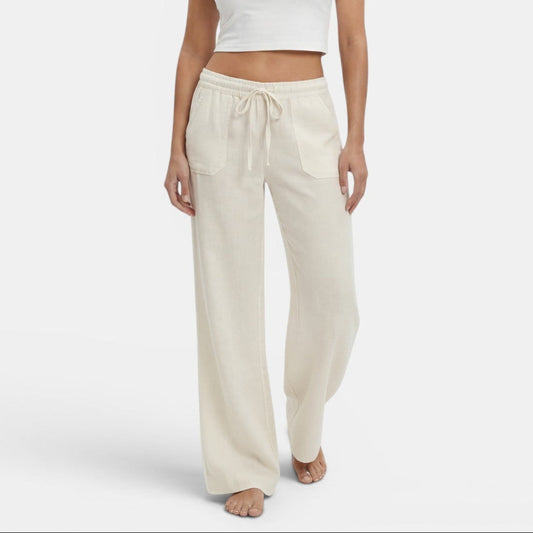 Pantalon femme lin jambe large coupe fluide ceinture élastique