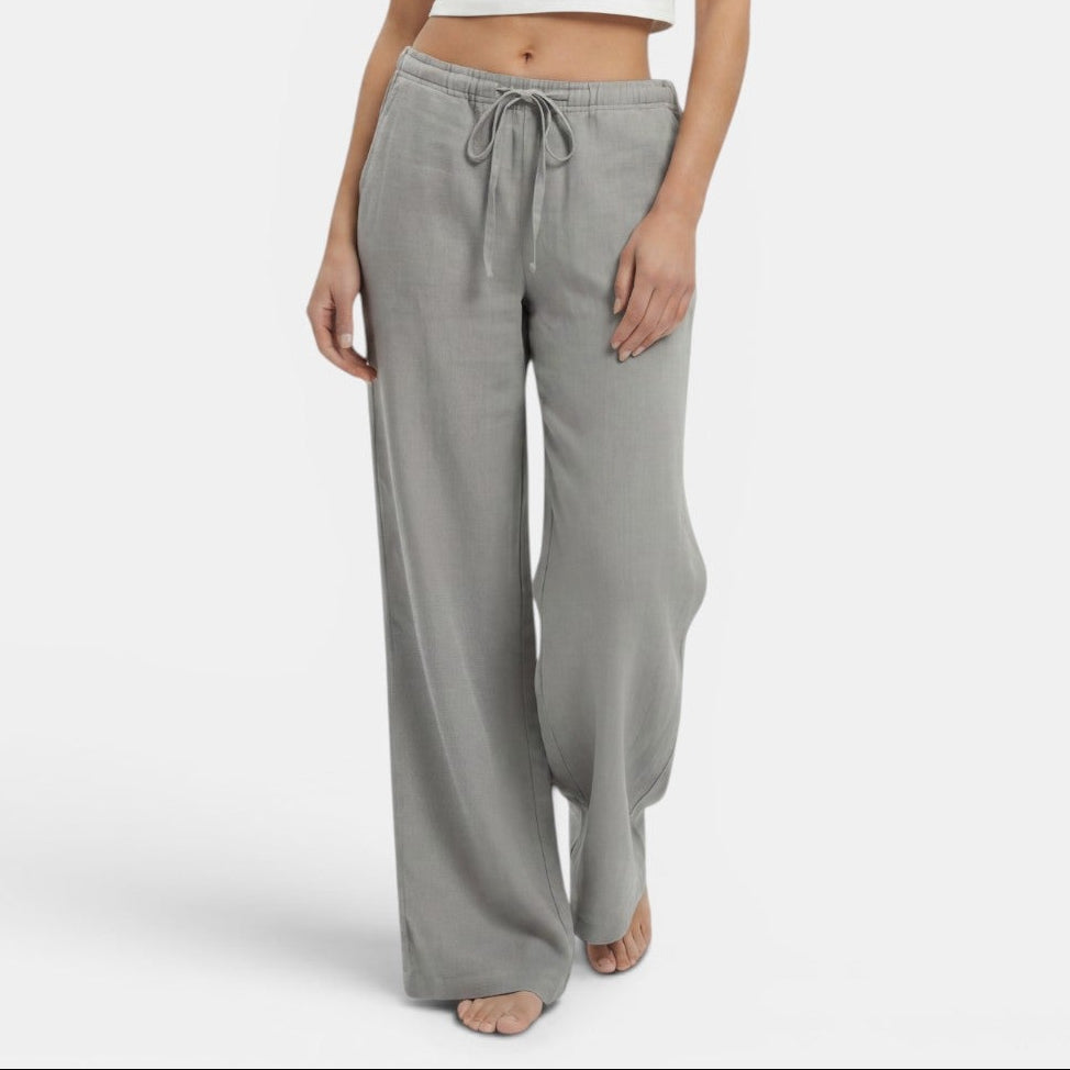 Pantalon femme lin jambe large coupe fluide ceinture élastique