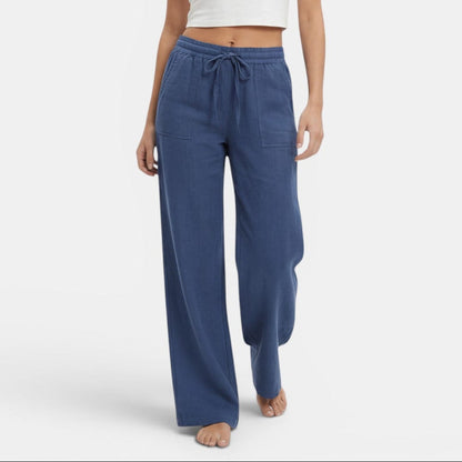 Pantalon femme lin jambe large coupe fluide ceinture élastique