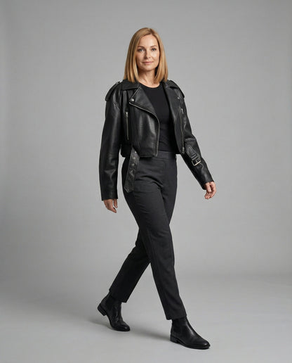Veste en cuir souple femme | Noir, coupe ajustée, ceinture