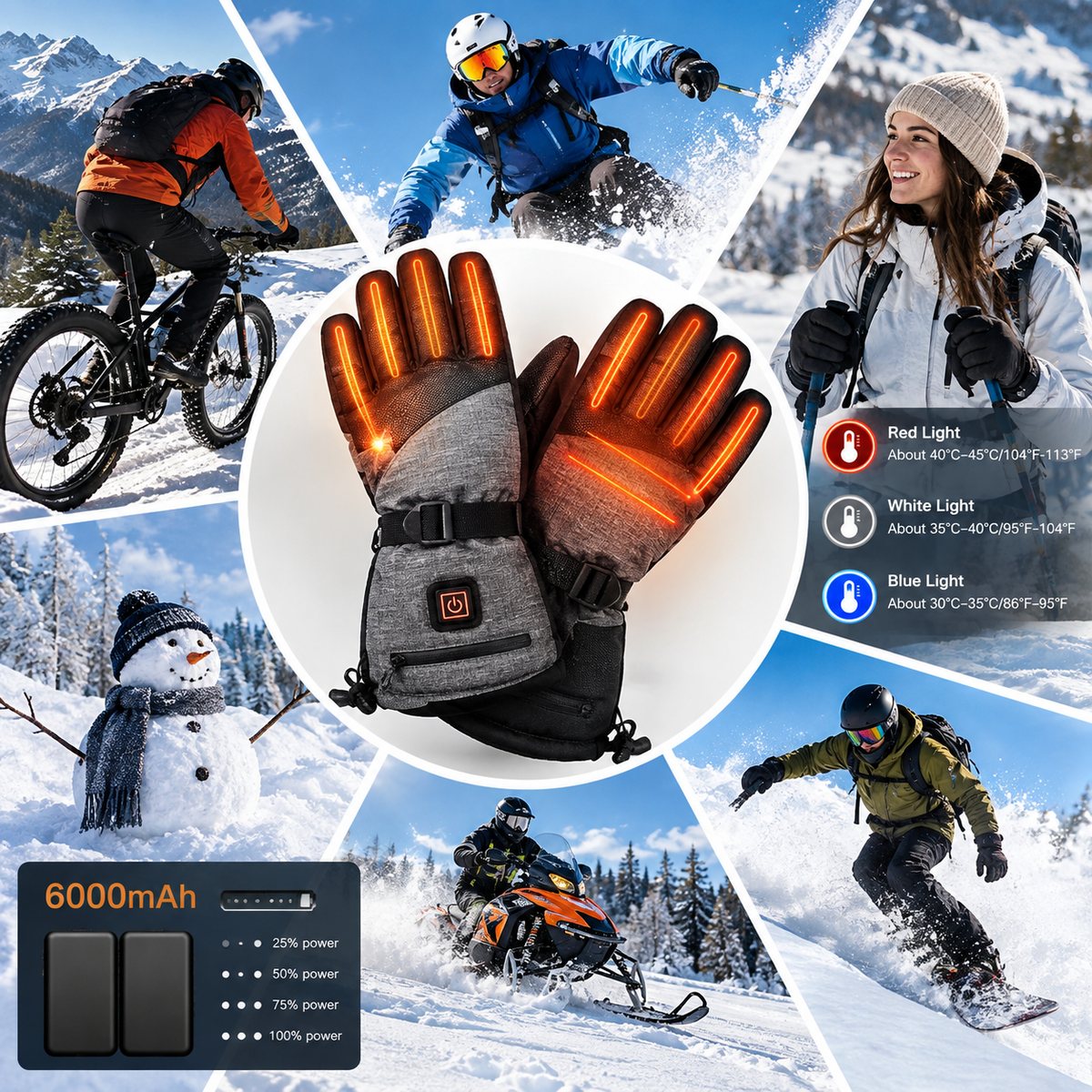 Gants chauffants batterie rechargeable imperméables avec 3 niveaux de chaleur