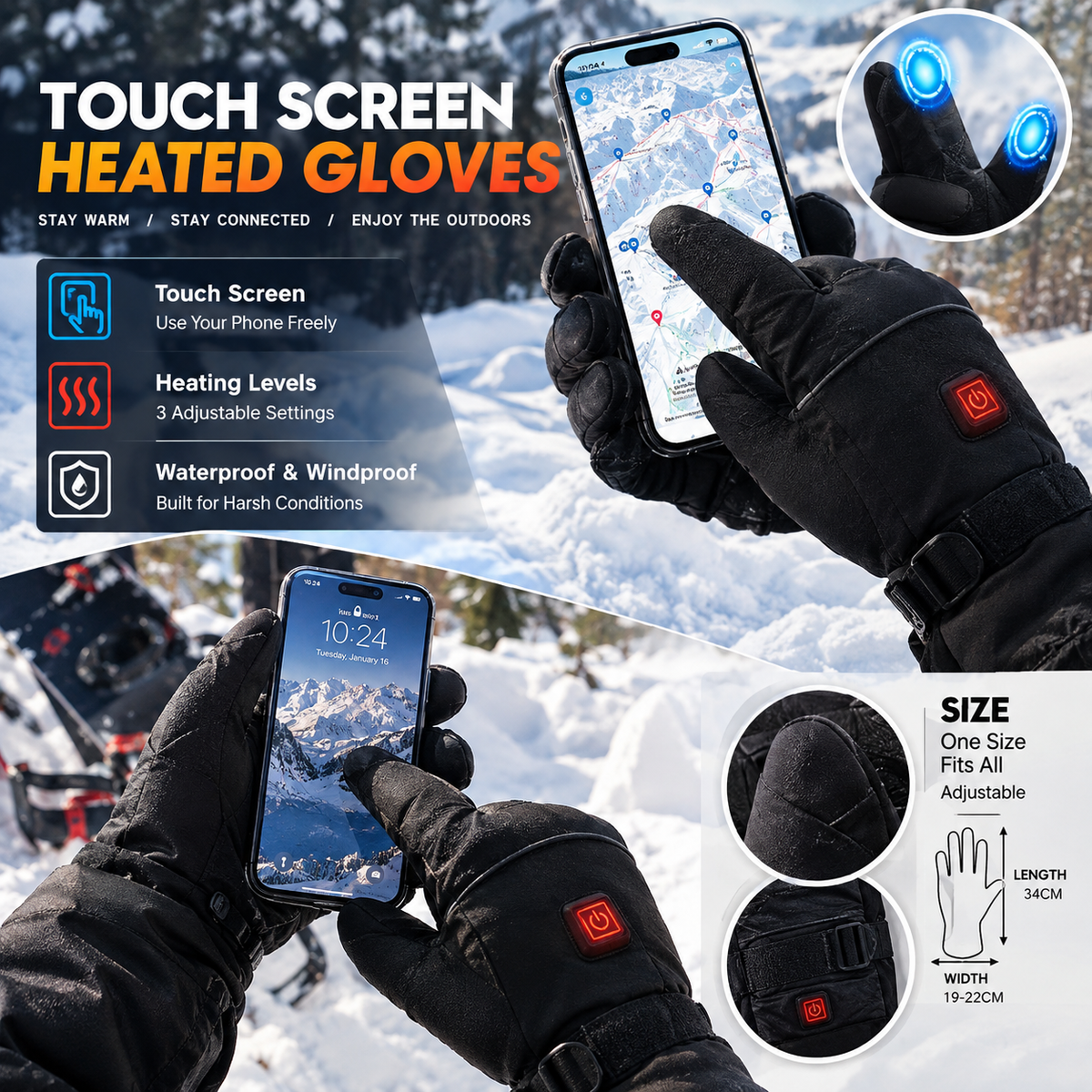 Gants chauffants batterie rechargeable imperméables avec 3 niveaux de chaleur