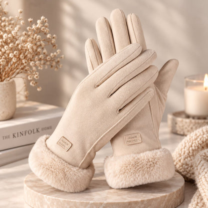 Gants femme hiver fourrure agneau tactile coupe-vent, doublure douce