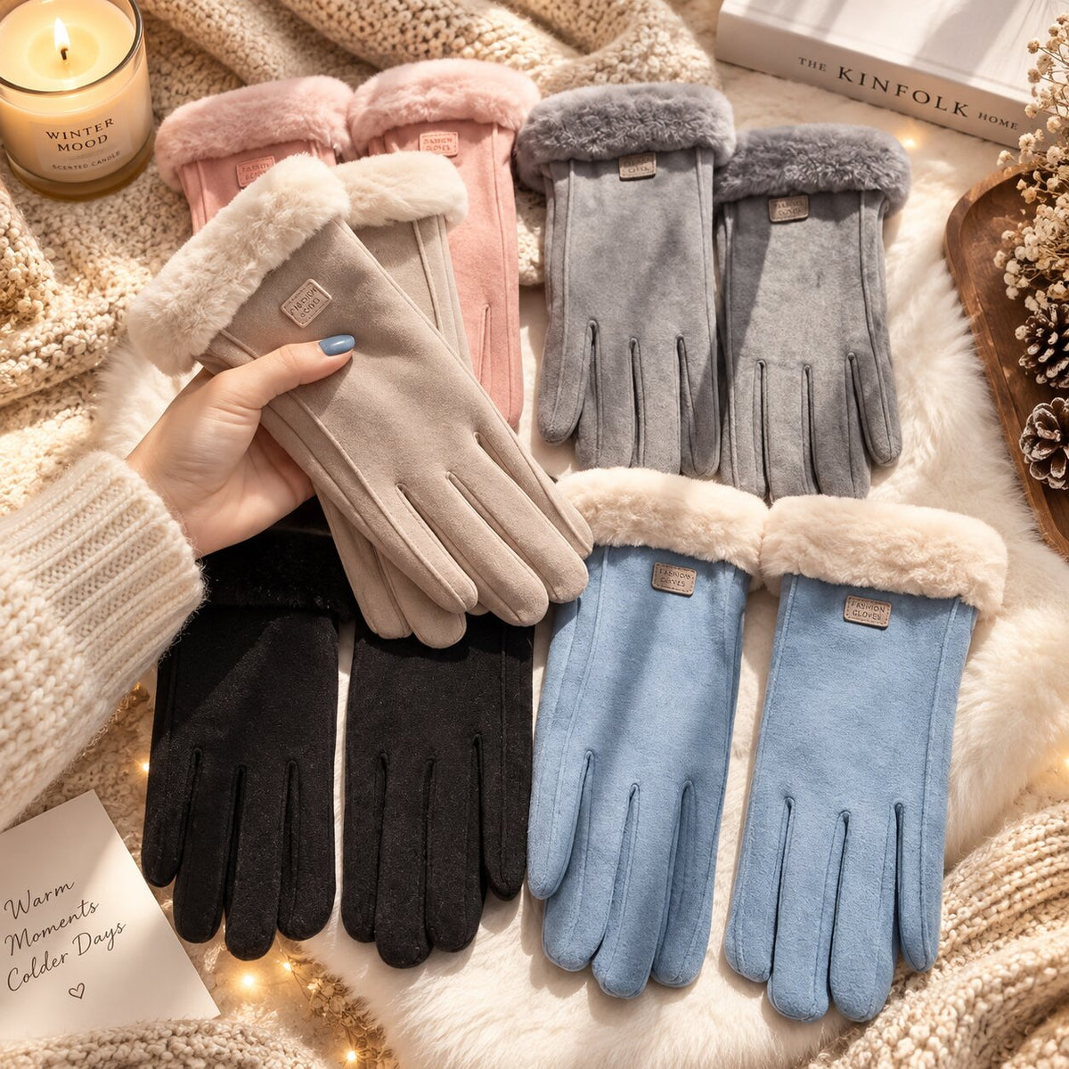 Gants hiver femme doublure peau agneau, compatibles écran tactile, coupe-vent