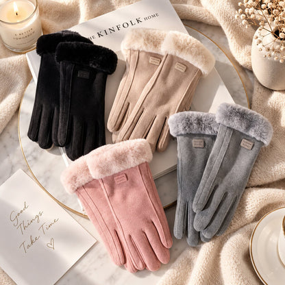 Gants femme hiver fourrure agneau tactile coupe-vent, doublure douce
