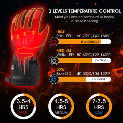 Gants chauffants batterie rechargeable tactiles avec 3 niveaux de chaleur