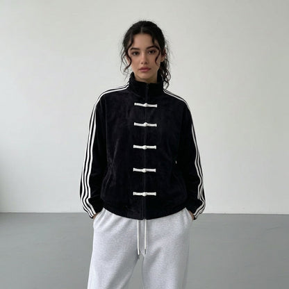 Veste de survêtement femme rétro rayures contrastantes boutons décoratifs coupe relaxed