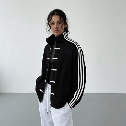 Veste de survêtement femme rétro rayures contrastantes boutons décoratifs coupe relaxed