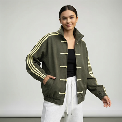Veste de survêtement femme rétro rayures contrastantes boutons décoratifs coupe relaxed