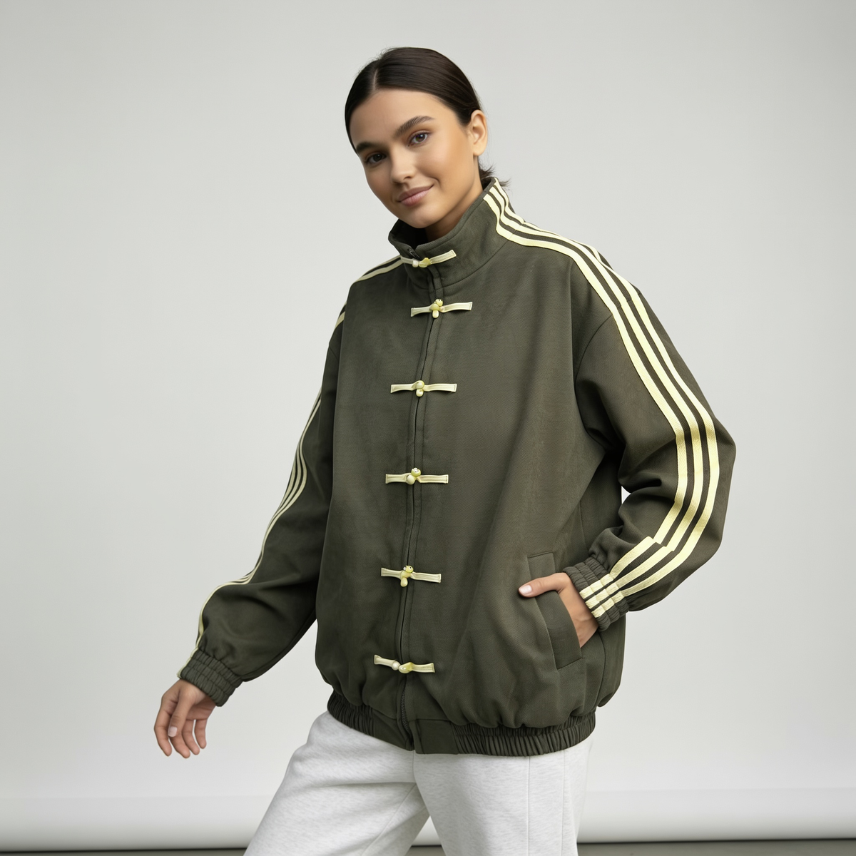 Veste de survêtement femme rétro rayures contrastantes boutons décoratifs coupe relaxed