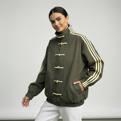 Veste de survêtement femme rétro rayures contrastantes boutons décoratifs coupe relaxed