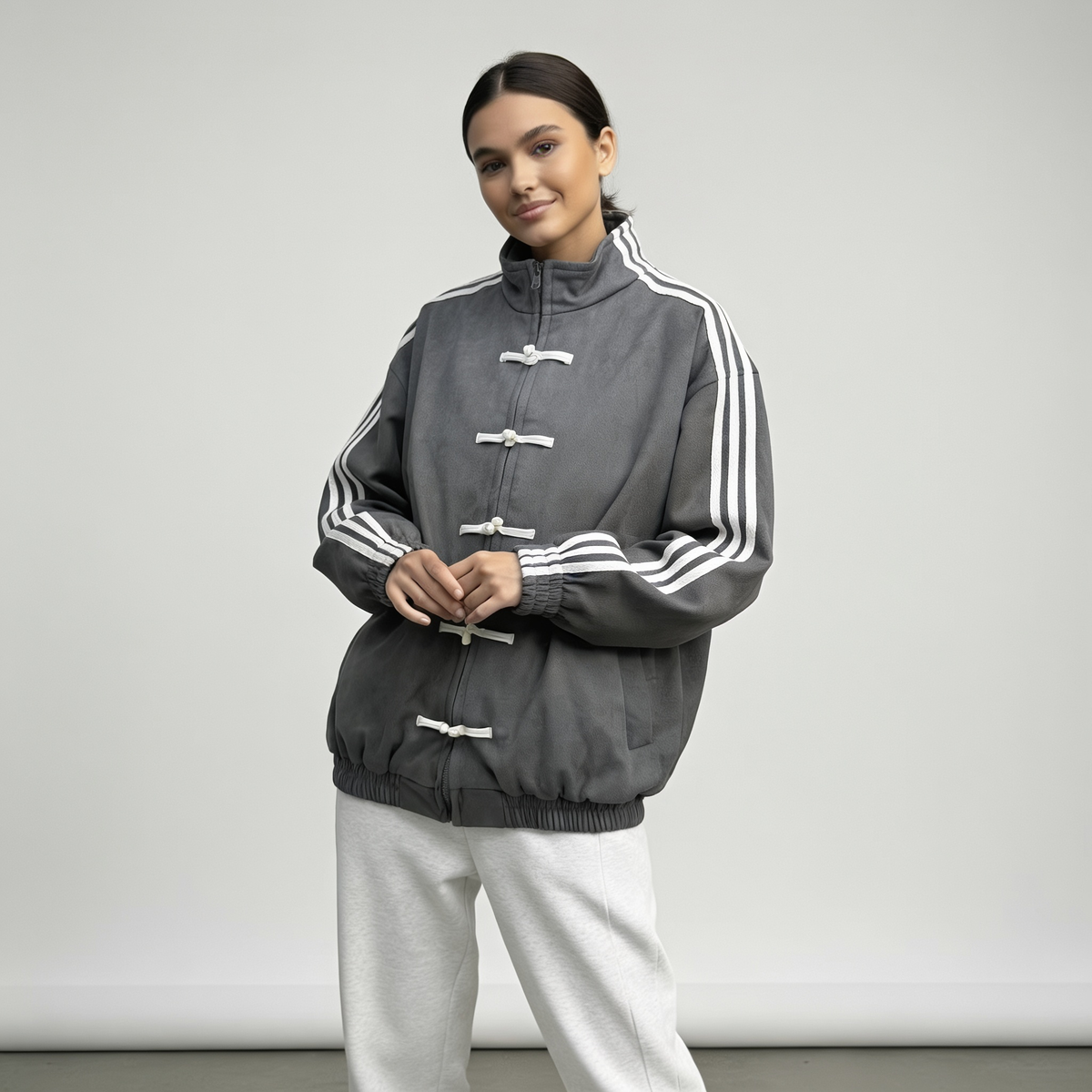 Veste de survêtement femme rétro rayures contrastantes boutons décoratifs coupe relaxed