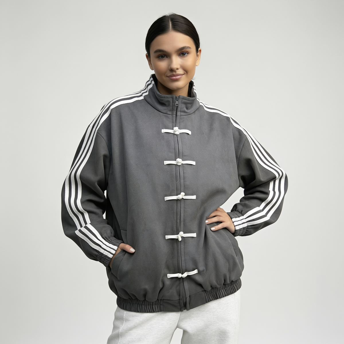 Veste de survêtement femme rétro rayures contrastantes boutons décoratifs coupe relaxed