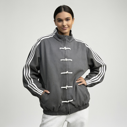 Veste de survêtement femme rétro rayures contrastantes boutons décoratifs coupe relaxed