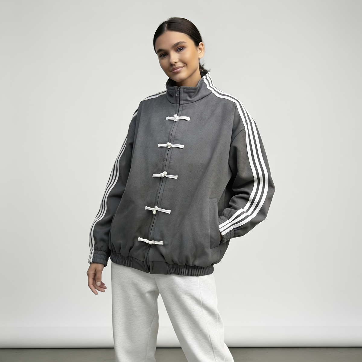 Veste de survêtement femme rétro rayures contrastantes boutons décoratifs coupe relaxed