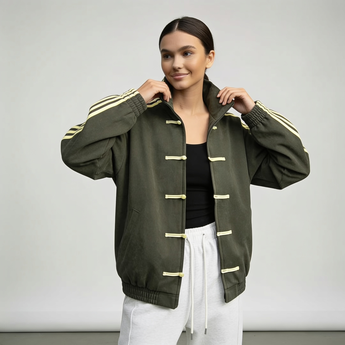 Veste de survêtement femme rétro rayures contrastantes boutons décoratifs coupe relaxed