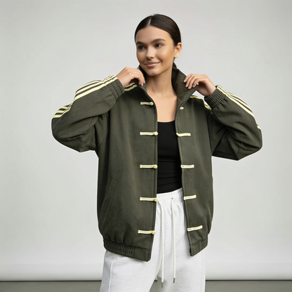 Veste de survêtement femme rétro rayures contrastantes boutons décoratifs coupe relaxed