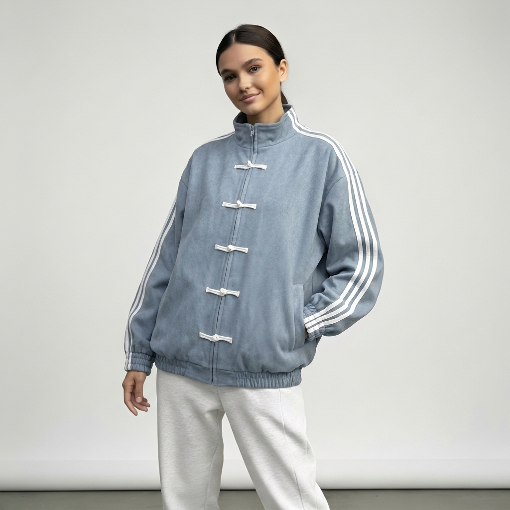 Veste de survêtement femme rétro rayures contrastantes boutons décoratifs coupe relaxed