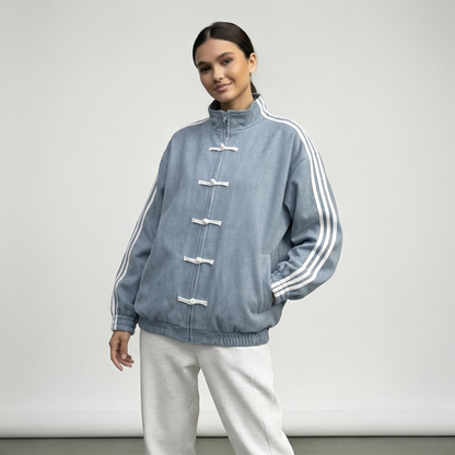 Veste de survêtement femme rétro rayures contrastantes boutons décoratifs coupe relaxed