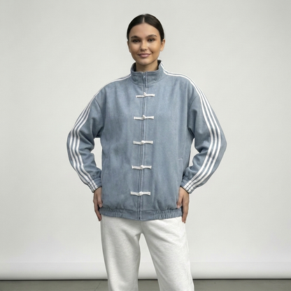 Veste de survêtement femme rétro rayures contrastantes boutons décoratifs coupe relaxed