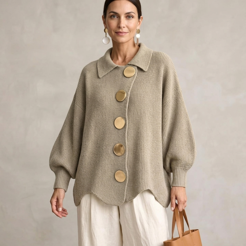Cardigan tricoté côtelé oversize femme boutons dorés col rabattu ourlet festonné